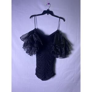 Black Ruched Bodycon Mini Dress with Ruffle Dramatic Sleeves Women's Medium